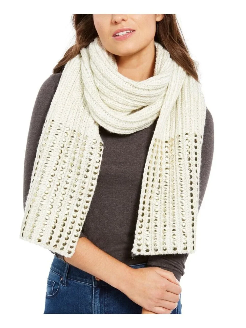 DKNY Flat-Stud Metallic Rib-Knit Scarf and Beanie Combo  Ivory/Gold